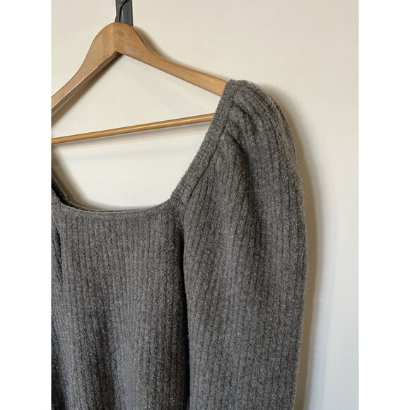 Zara Gray Square Neck Puff Sleeve Ribbed Knit Sweater Size Small - Picture 3 of 10